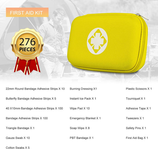 276PCS Hiking First Aid Kit for Home Personal Emergency Supplies Compact Bag for Backpack, First Aid Essentials Survival Kit for Business Travel Car Yellow AMORNING