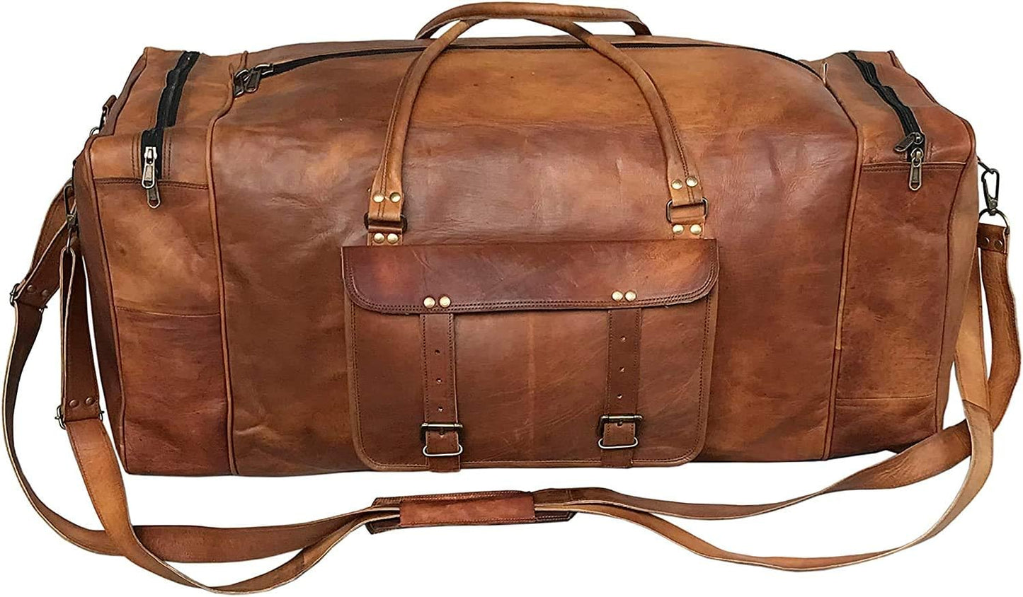 Leather Duffle Bag for Men Luggage Handmade Travel Bag Carry On Luggage Weekender Bags Overnight Gym Sports Cabin Holdall Bag For Airplanes Men And Women (28 Inch Brown)