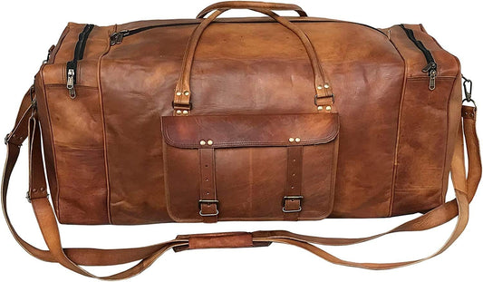 Leather Duffle Bag for Men Luggage Handmade Travel Bag Carry On Luggage Weekender Bags Overnight Gym Sports Cabin Holdall Bag For Airplanes Men And Women (28 Inch Brown)