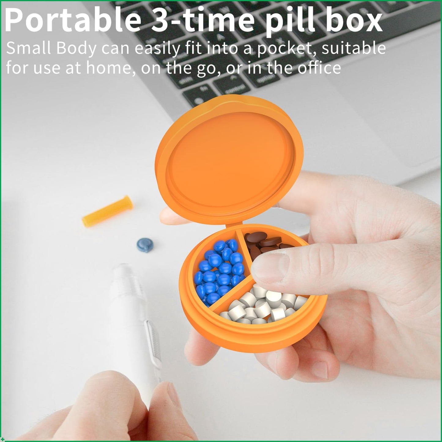 2 Pack Small Pill Box,3 Compartment Round Silicone Travel Pill Box for Purse Pocket, Waterproof Portable Compact Medicine Holder for Vitamin, Cod Liver Oil, Supplement(Orange+Yellow)