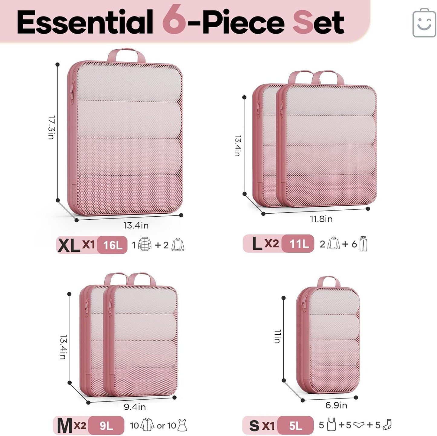 Veken 6/9/11 Set Compression Packing Cubes for Travel Essentials,Compressible Expandable Large Luggage Suitcase Organizer Bags for Clothing,Durable Space Saver Storage Bags(Pink)