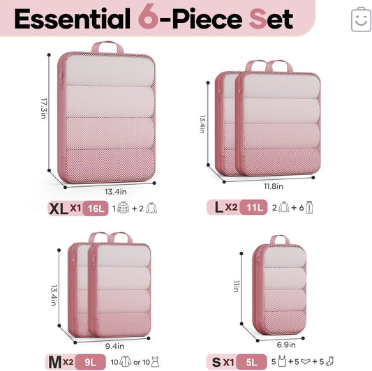 Veken 6/9/11 Set Compression Packing Cubes for Travel Essentials,Compressible Expandable Large Luggage Suitcase Organizer Bags for Clothing,Durable Space Saver Storage Bags(Pink)