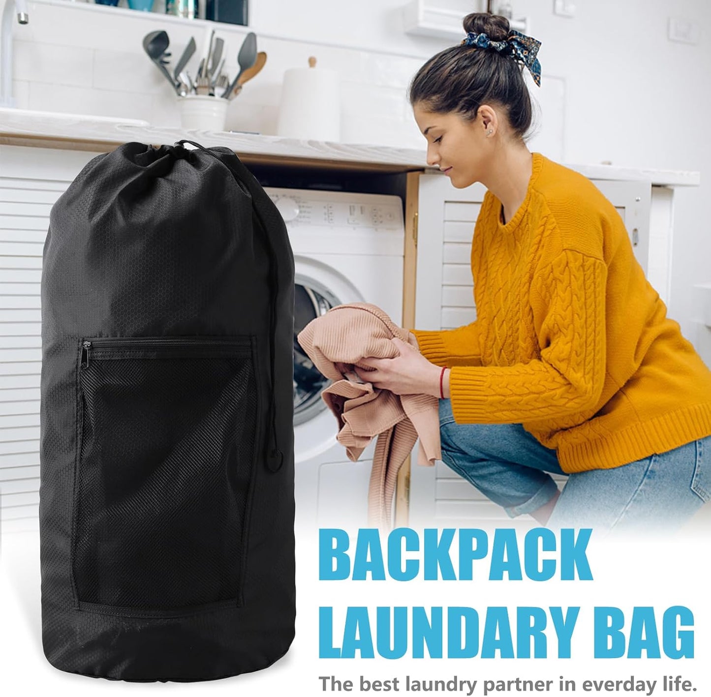 Laundry Bag Backpack,Olosar Extra Large Travel Laundry Bag with Mesh Pocket & Adjustable Shoulder Straps,Dirty Clothes Travel Bag for College Students Dorm,Apartment(Black)