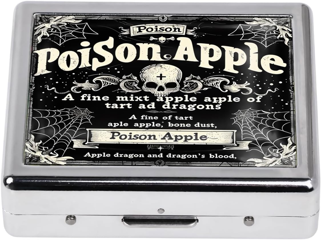 Cute and Stylish Metal Pill Box - Compact Portable Pill Organizer with 8 Compartments, Food-Grade Divider, Ideal for Travel, Vitamins, Jewelry, Cosmetics (Poison Apple Alchemy)