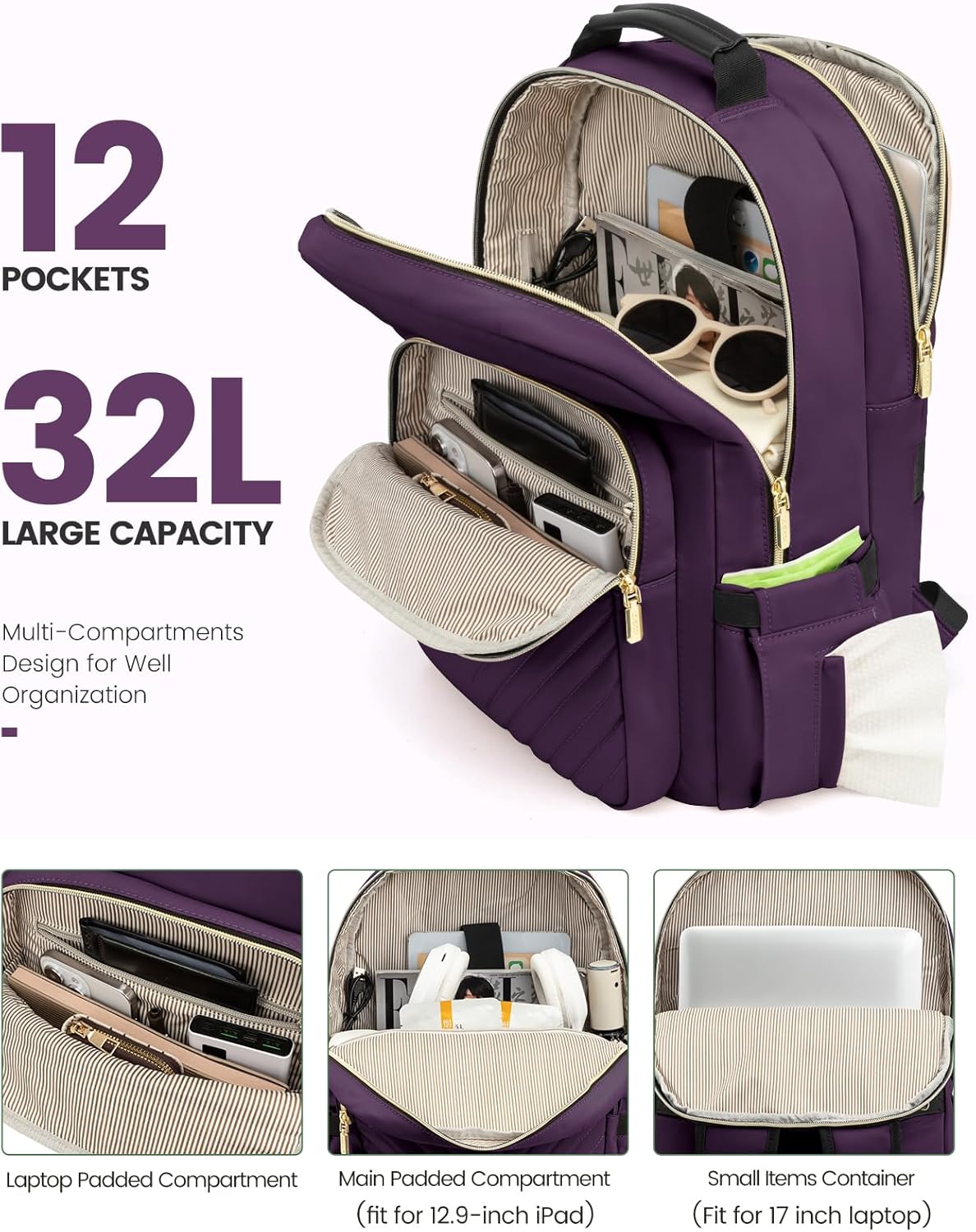 LOVEVOOK Laptop Backpack for Women, Travel Computer Work Bags with 17-inch Laptop Compartment, College School Student Bag Teen Backpacks For Girls, Outdoor Carry On Backpack Purse, Deep Plum