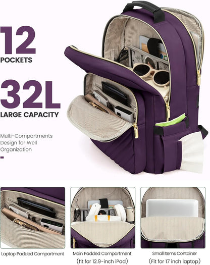 LOVEVOOK Laptop Backpack for Women, Travel Computer Work Bags with 17-inch Laptop Compartment, College School Student Bag Teen Backpacks For Girls, Outdoor Carry On Backpack Purse, Deep Plum