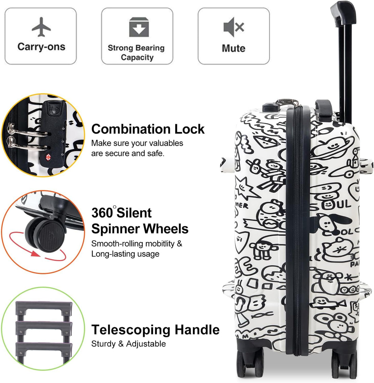 Apelila DIY Coloring Ride On Suitcase for Kids Ages 4-8, 22 Inch Graffiti Rolling Luggage with Spinner Wheels & Safety Belt, Lightweight Travel Checked Suitcase with Combination Lock
