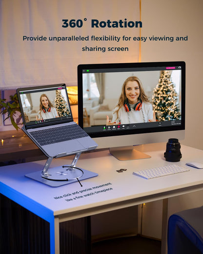 Adjustable Laptop Stand for Desk - Portable Laptop Riser with Rotating Base, Foldable Aluminum Computer Stand, Ergonomic Laptop Holder for MacBook Pro/Air Dell HP Lenovo Notebook up to 16" (Silver)
