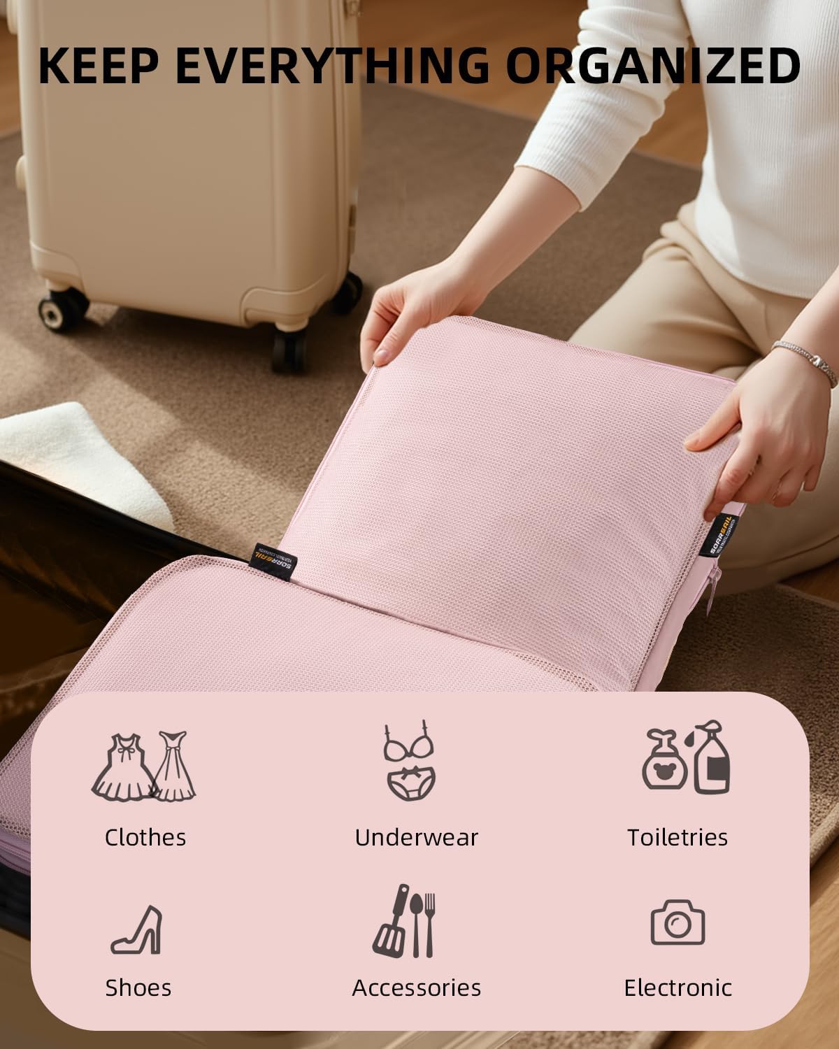 6 Set Compression Packing Cubes for Travel, Large Medium Small Luggage Organizers, Storage Bags for Clothes (6 Pack, Dusty Pink)