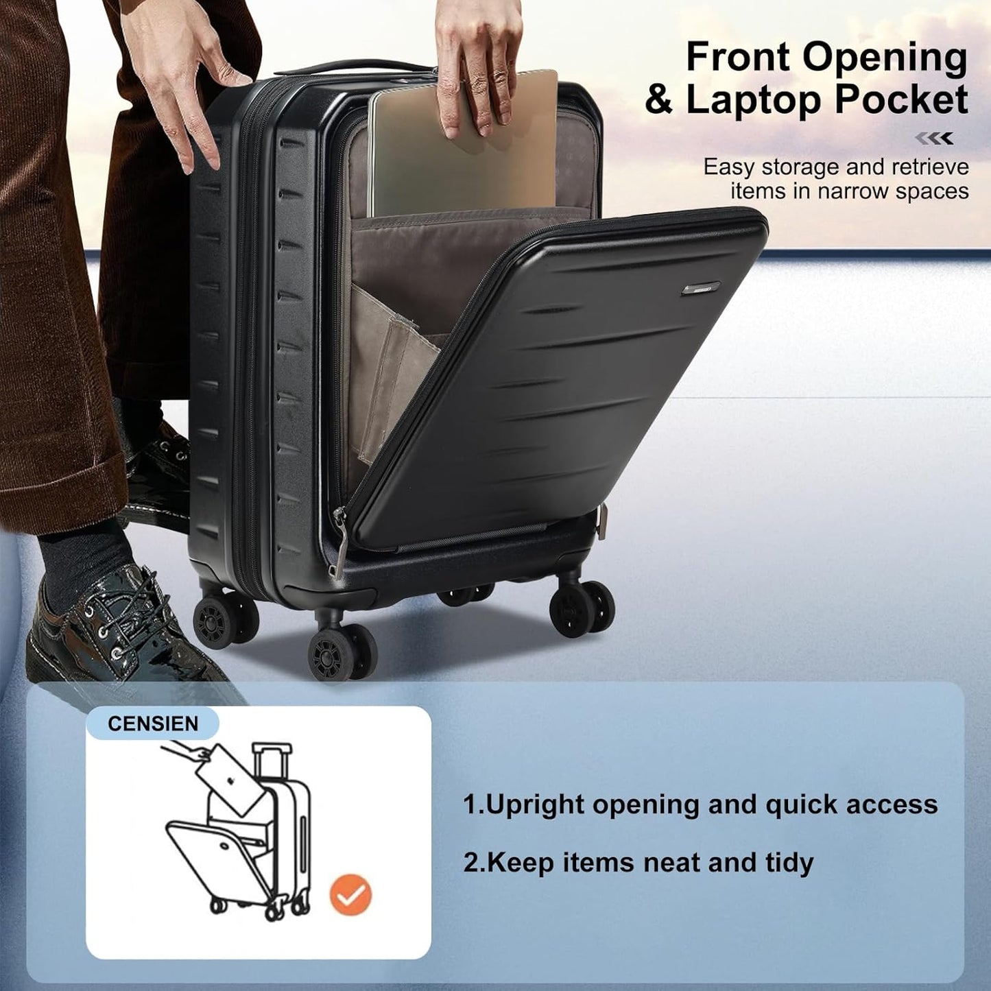 Luggage Sets 2 Pieces, 20 Inch Carry On Luggage and Expandable 28 Inch Checked Luggage with Spinner Wheels, Lightweight ABS+PC Hard Shell Suitcase with Front Opening, TSA Lock (Black, 20/28)