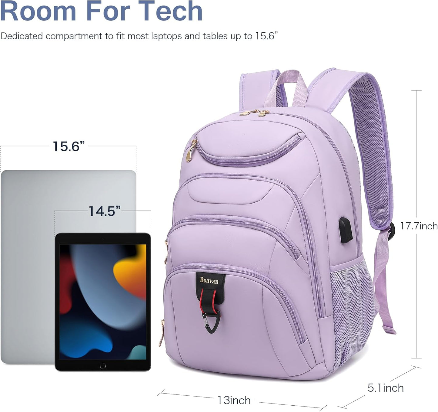 Boavan Laptop Backpack for women, 15.6inch Laptop Bag with USB Port, Waterproof Travel Work Backpack Purse, Anti-Theft Teacher Nurse Doctor Casual Bookbags Office Business backpack，Purple