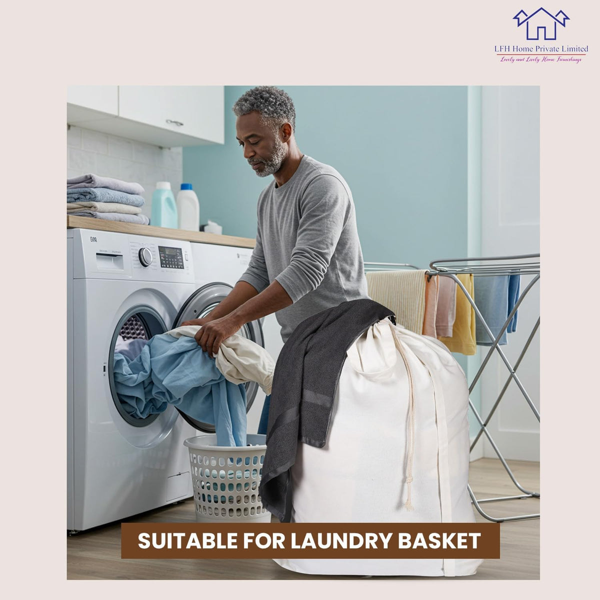 LFH Home Cotton Canvas Large Laundry Bag with Handle, Heavy Duty Drawstring Closure Washable Laundry Bags School Travel, Home, Hotel, College Dorm, Organizer Sack, Cloths 20x30-White, Thanks Giving