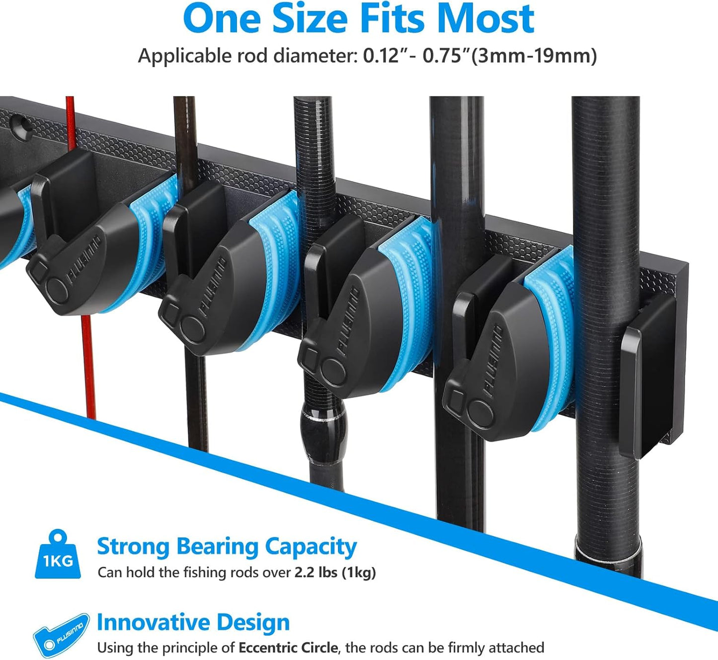 PLUSINNO 4 Pack Vertical Fishing Rod Rack, Wall Mounted Fishing Rod holder, 4 Packs Fishing Pole Holders Hold Up to 36 Rods or Combos, Fishing rod holders for garage, Fits Most Rods of Diameter 3-19mm