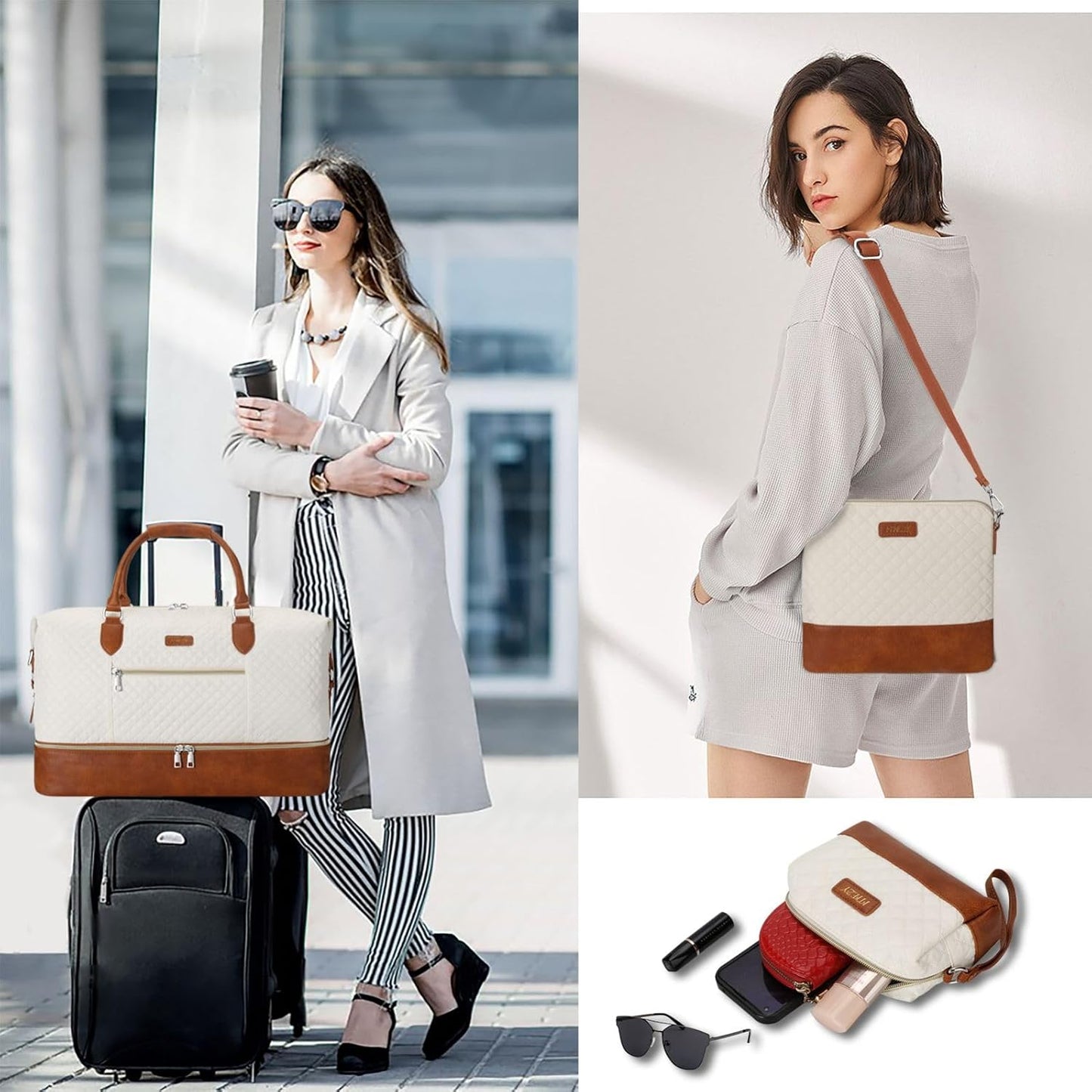 Weekender Bag for Women, Travel Duffel Bag Carry On Overnight Bag with Shoe Compartment Large Nylon Travel Weekend Tote Bag