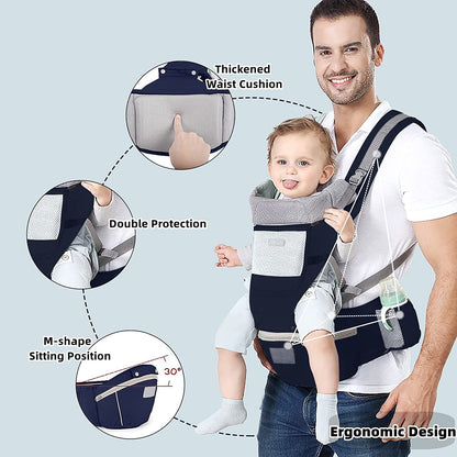 Baby Carrier Ergonomic Infant Carrier with Hip Seat Kangaroo Bag Soft Baby Carrier Newborn to Toddler 7-45lbs Front and Back Baby Holder Carrier for Men Dad Mom (Blue)