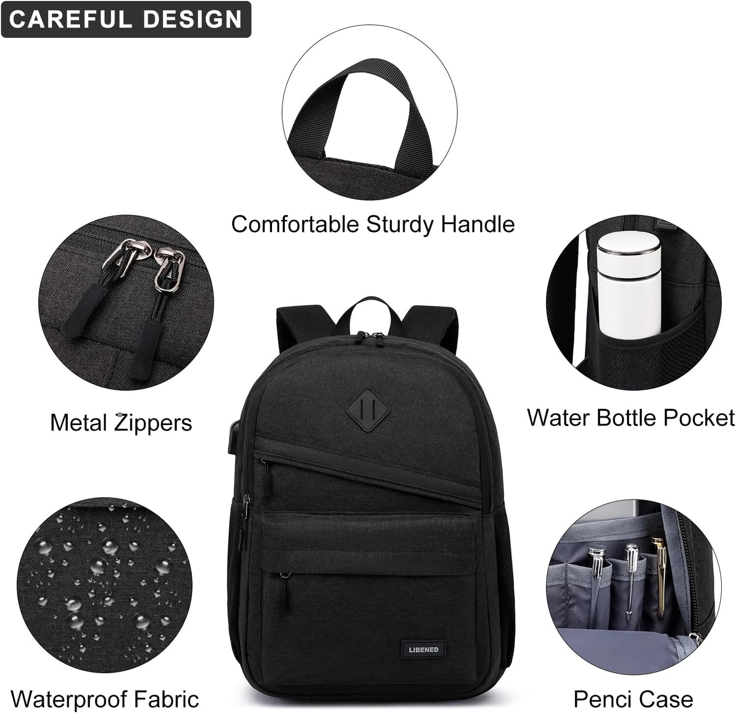 School Backpack for Teens Boys, 15.6 Inch Laptop Backpack with USB Charging Port & Water Resistant Design, College High School Book Bag for Students, Black