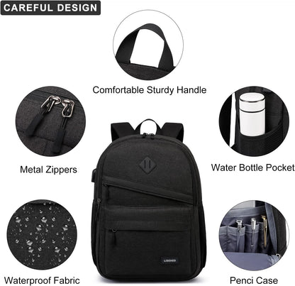 School Backpack for Teens Boys, 15.6 Inch Laptop Backpack with USB Charging Port & Water Resistant Design, College High School Book Bag for Students, Black