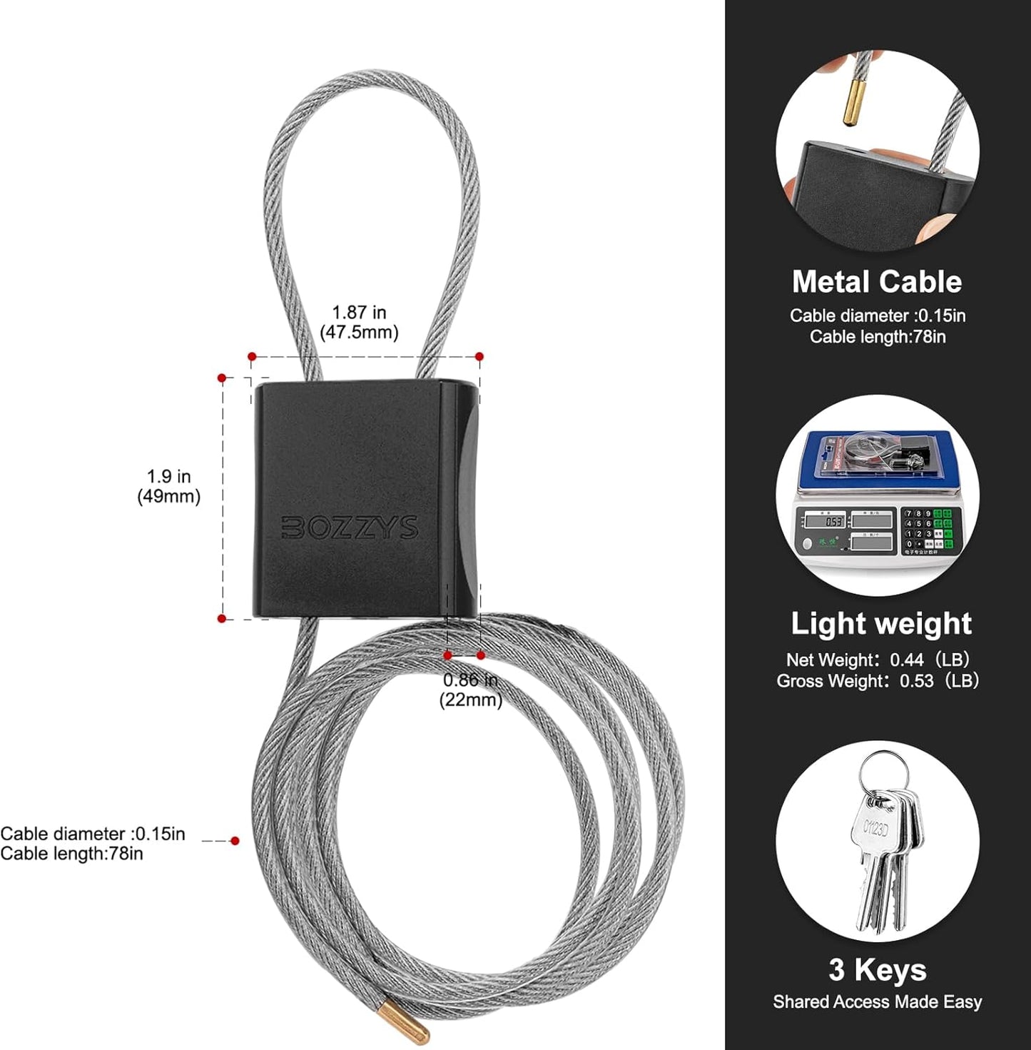 Adjustable Cable Locks with 3 Keys | 6.56ft L x 1/6in D Aluminum Steel Cable Padlock for Bikes, Gate, Lockers & Outdoor Gear | Keyed Different & Black