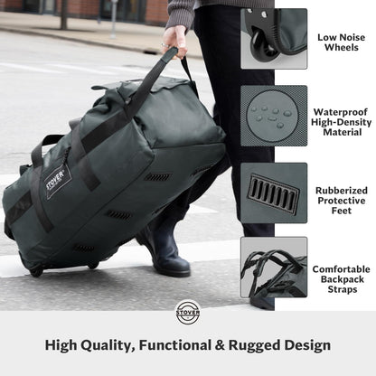 STOVER 80L Rolling Duffel Bag with Wheels, Extra Large 31 Inch Durable Travel Duffle Bag- Rugged, Collapsible, Rollable Design w/Shoulder Straps- Use as Luggage or Backpack for Men/Women (Grey)