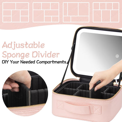 Makeup Travel Train Case with Mirror LED Light 3 Adjustable Brightness Cosmetic Bag Portable Storage Adjustable Partition Waterproof Makeup Brushes Makeup Jewelry Gift for Women (Pink checkered)