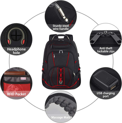 Laptop Backpack, Red, 55L Capacity, TSA Approved, RFID Anti-Theft, USB Charging Port, Headphone Hole, Back Luggage Strap, Chest Strap, Laptop Backpack