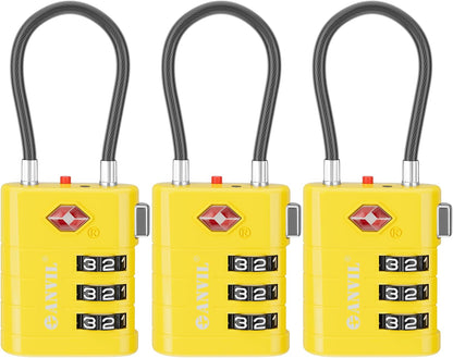 ANVIL TSA Approved Luggage Locks – High Security TSA008 Combination Travel Locks with Inspection Indicator for Suitcases and Backpacks. (3, Yellow)