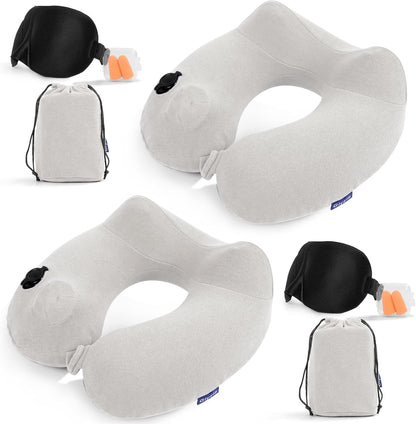 2 Pack Inflatable Travel Neck Pillows for Airplanes, Head Support Velvet Adult Neck Pillows for Long Flight, Kit with Eye Mask, Earplugs and Storage Bag, 2, Light Gray