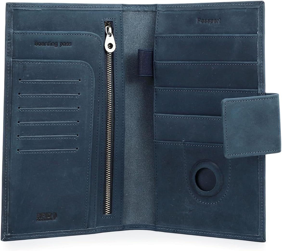 CONTACTS Full Grain Leather Family Passport Holder for 4 Airtag Passport Wallet RFID Blocking Travel Passport Cover with 4 Passport Slot, 6 Card Slot (Blue)