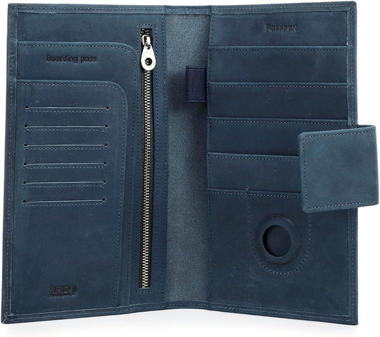 CONTACTS Full Grain Leather Family Passport Holder for 4 Airtag Passport Wallet RFID Blocking Travel Passport Cover with 4 Passport Slot, 6 Card Slot (Blue)