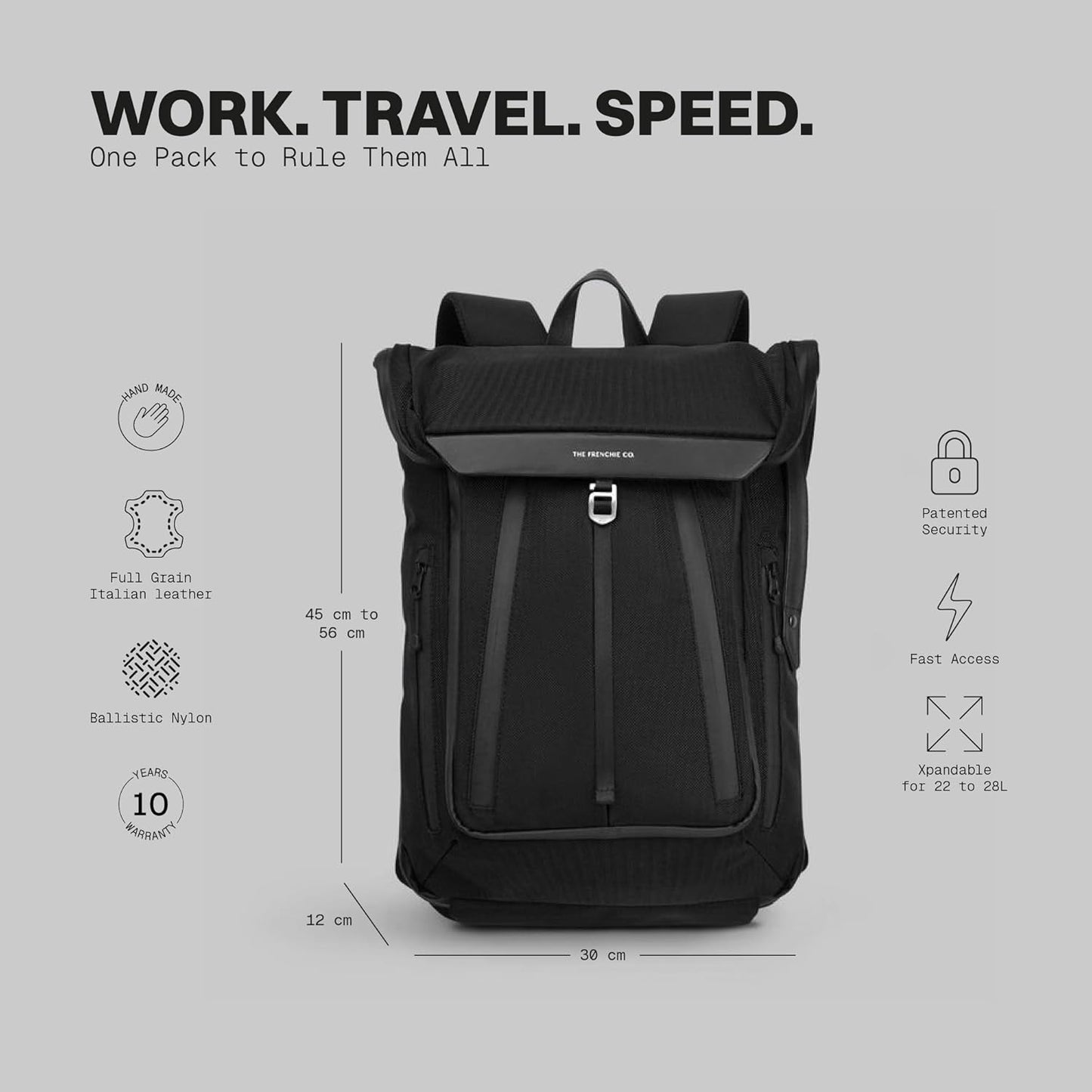 The Frenchie Co. - Work/Travel Speed Backpack - Expandable 23–30 liters - Laptop compartment with anti-theft magnetic closure - Ballistic nylon durable commuter pack