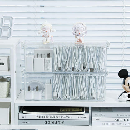 Yesesion Plastic Cable Organizer Box with 7 Compartments, Clear Cords Storage Case for Desk Drawer Accessories, Phone Charger, Art Crafts, Stationery Holder for Marker Pen, Pencils, Crayons