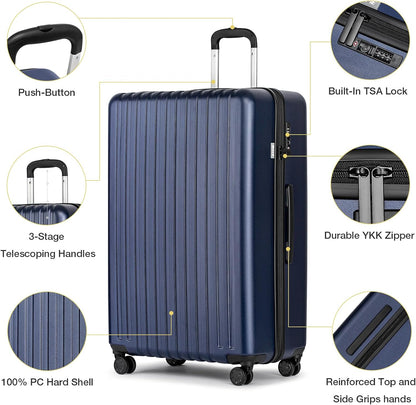 KYME 30-Inch Large Checked Luggage, 100% PC Hardside Suitcase with TSA Lock & Double Spinner Wheels, Durable Travel Hard Shell for Men & Women, Navy
