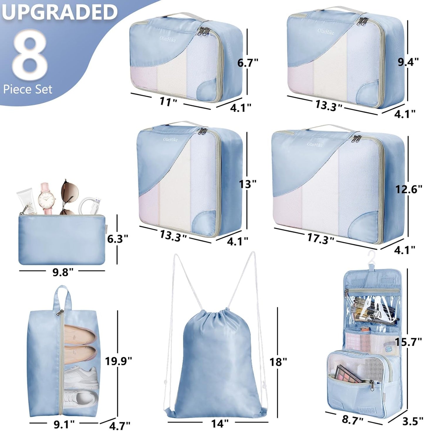 8 Set Packing Cubes for Travel, Gifts for Women Mom,Anti-Tearing Suitcase Organizer for Luggage with Shoe & Hanging Toiletry Bag,OlarHike Vacation Essentials & Accessories for Cruise Ship,Blue