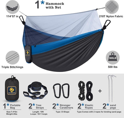 Camping Hammock with Net,Travel Portable Lightweight Hammocks with Tree Straps and Solid D-Shape Carabiners,Parachute Nylon Hammock for Outsides Backpacking Beach Backyard Patio Hiking