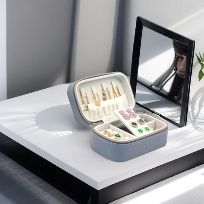 Small Jewelry Travel Case For Womens Small Rectangle PU Leather Jewelry Box With Zipper 2.56" H Portable Travel Jewelry Case For Earring Rings Necklaces Bracelets Blue Jewelry Gifts Box