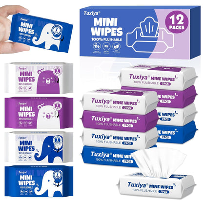 12 PackTravel Flushable Wipes with Aloe & Vitamin E,Impossibly Compact 7 Wipe Per Pack Mini Travel Adult Wet Wipe,Hypoallergenic & Fragrance-Free Skin-Friendly Flushable Wet Wipe(84 Total Wipes)