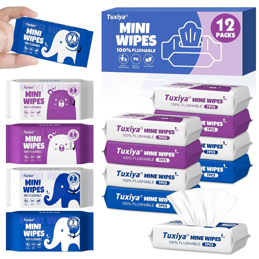 12 PackTravel Flushable Wipes with Aloe & Vitamin E,Impossibly Compact 7 Wipe Per Pack Mini Travel Adult Wet Wipe,Hypoallergenic & Fragrance-Free Skin-Friendly Flushable Wet Wipe(84 Total Wipes)