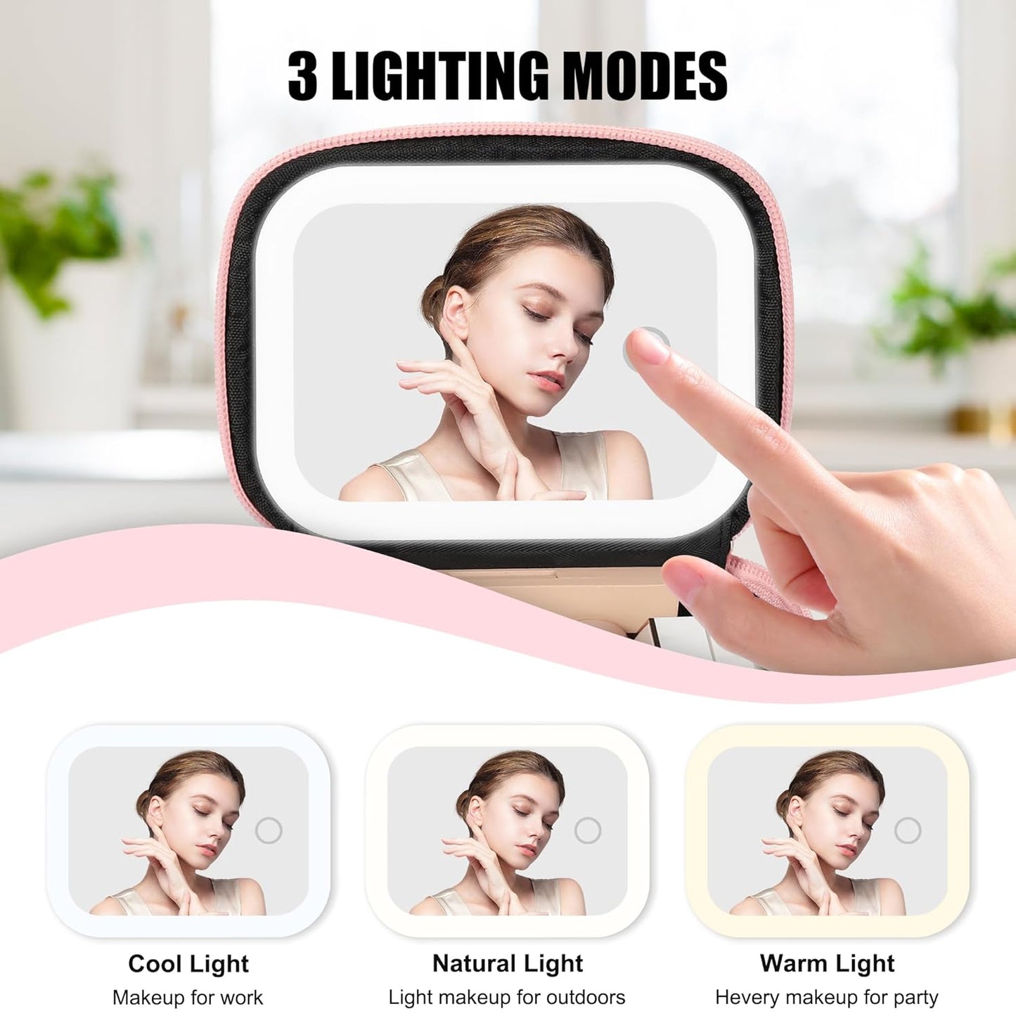 Relavel Mini Makeup Bag with Led Mirror, Small Cosmetic Bag with 3 Light Modes, Rechargeable Portable Makeup Pouch with Hands-Free Wrist Strap for Pool Parties丨Work Touch-Ups丨Travel - Pink