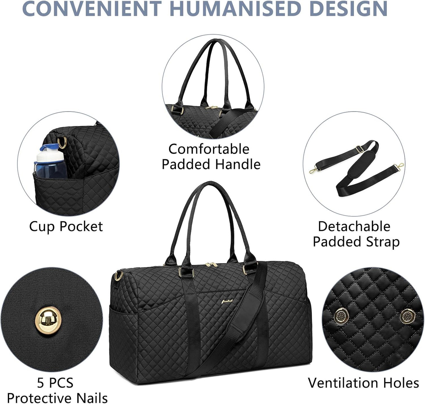 Weekender Travel Duffle Bag for Women - Overnight Bags with Wet Pocket Toiletry Bags Carry on Bag with Shoe Compartment Weekend Yoga Gym Traveling Hospital Bags for Labor and Delivery Black