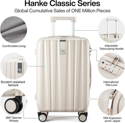 Hanke Luggage Sets 3 piece Carry On Luggage with Wheels PC Hard Shell Suitcases Lightweight Checked Tsa Luggage Extra Large Travel Suitcase Woman Men 20/24/29 Inch(Ivory White)
