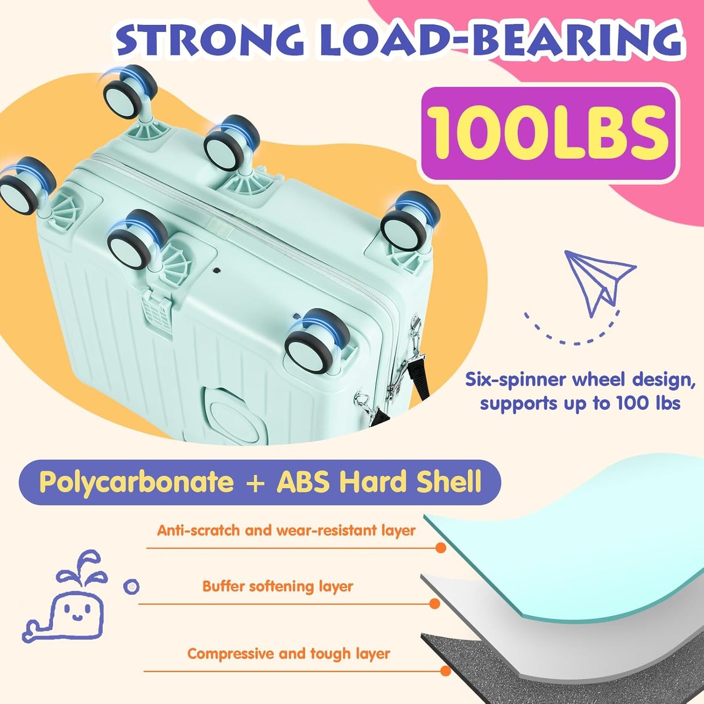 Kids Ride-On Luggage, 20" Hardshell Carry-On Suitcase with 6 Spinner Wheels, Foldable Pedal, Hidden Cup Holder & Combination Lock for Toddlers & Children (Green, 20-inch)