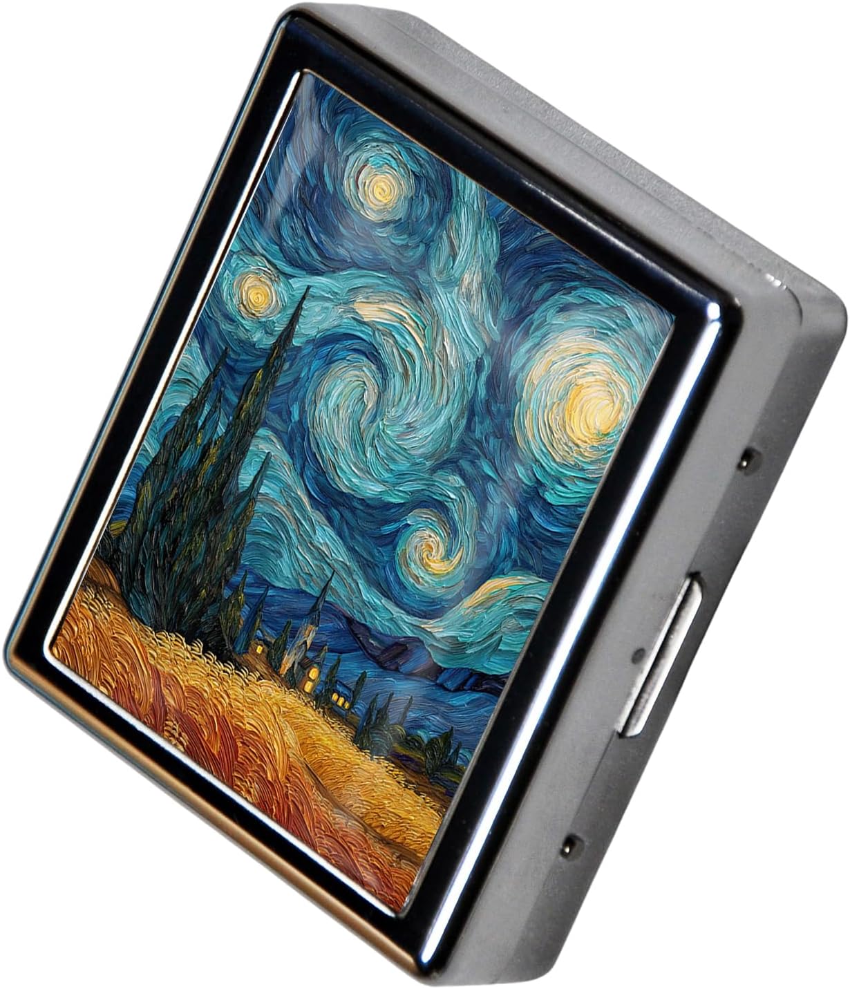 8‑Compartment Metal Pill Box Organizer – Portable Medicine Case 3″×2.6″ | Food‑Grade Dividers | Secure Snap Button Lid | Travel & Gift for Seniors (Starry Swirl in Wheatfield)