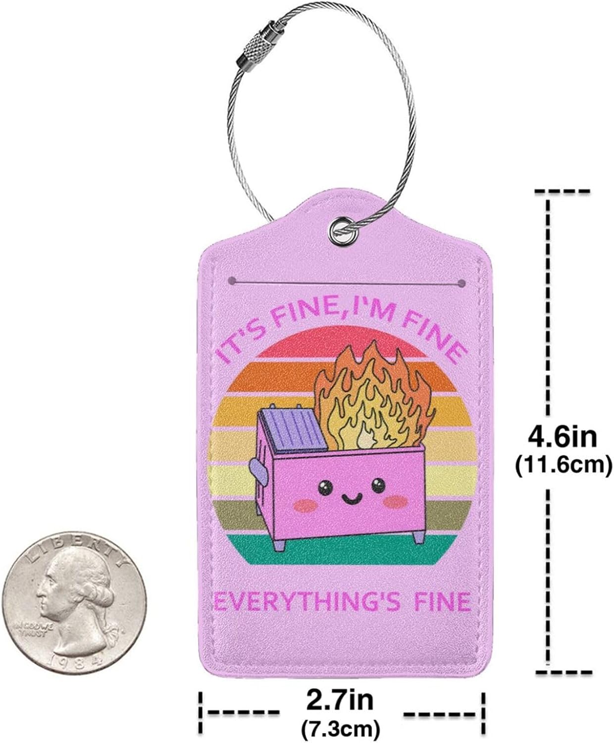 2 Pack Luggage Tags for suitcases Cute Pink Trash on fire I'm Fine It's Fine Luggage Tag, Leather Stainless Steel Loop Label Tag for Men Women Travel Bag Suitcase(Pink Trash)