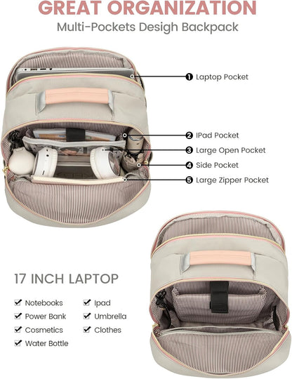 LOVEVOOK Laptop Backpack for Women, Travel Computer Work Bags with 17-inch Laptop Compartment, College School Student Bag Teen Backpacks For Girls, Outdoor Carry On Backpack Purse, Grey Pink