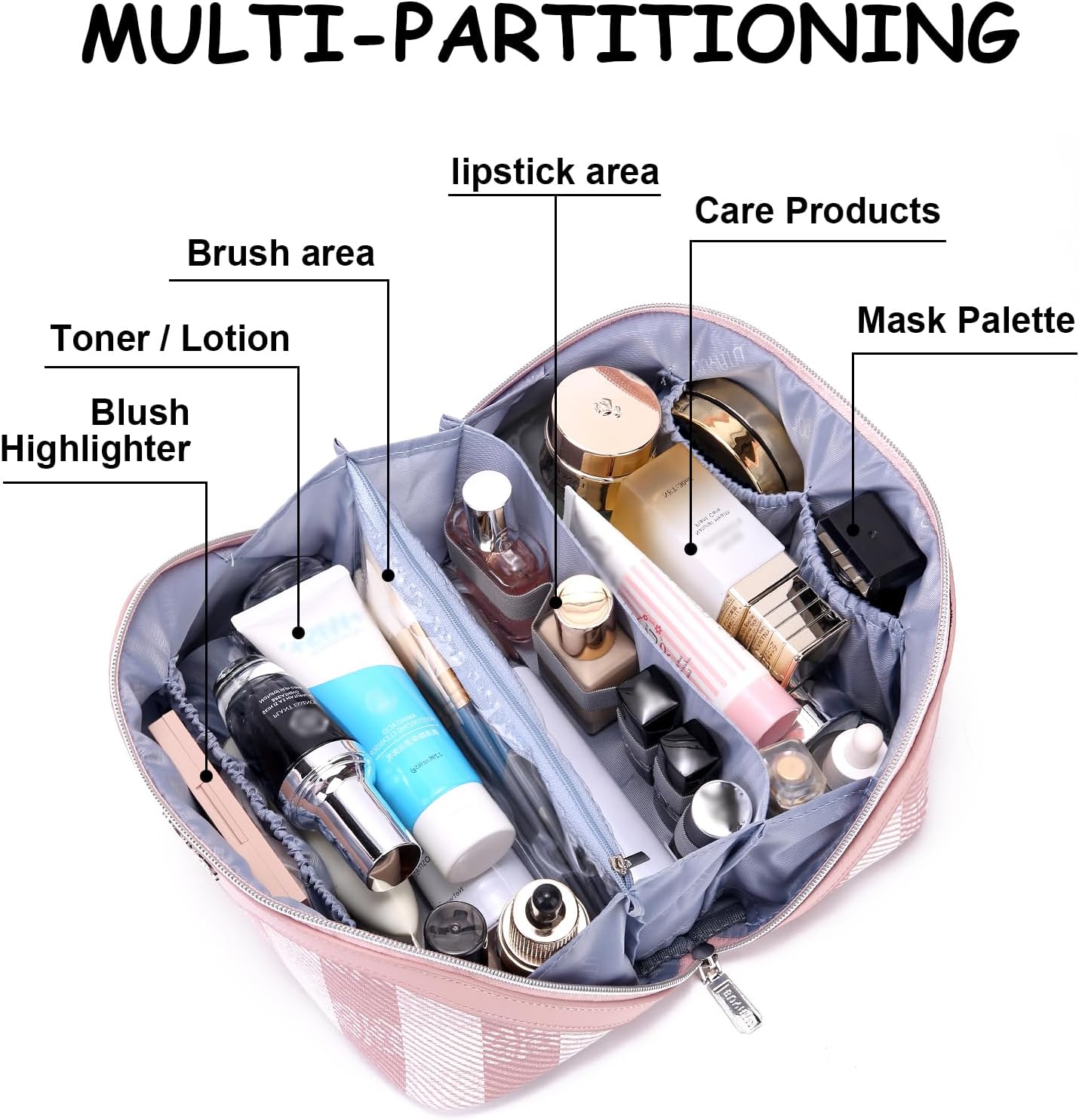 BOYATU Makeup Bag Travel Cosmetic Bag: 3 Pcs Set Portable Make up Bags for Women with Handle - Waterproof Vegan Leather Toiletry Organizer Bags with Comparments (F-03-Pink)