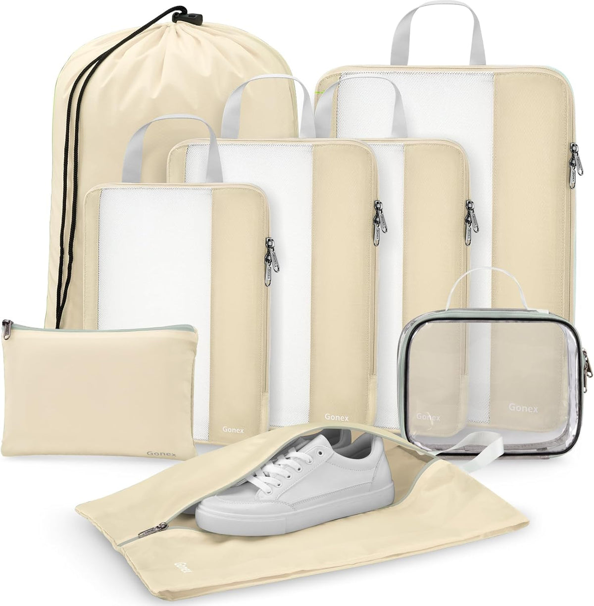 Gonex 8 Set Expandable Mesh Packing Cubes for Travel Essentials, Compression Organizer with Toiletry, Laundry, Shoe, Cable Bags - Beige