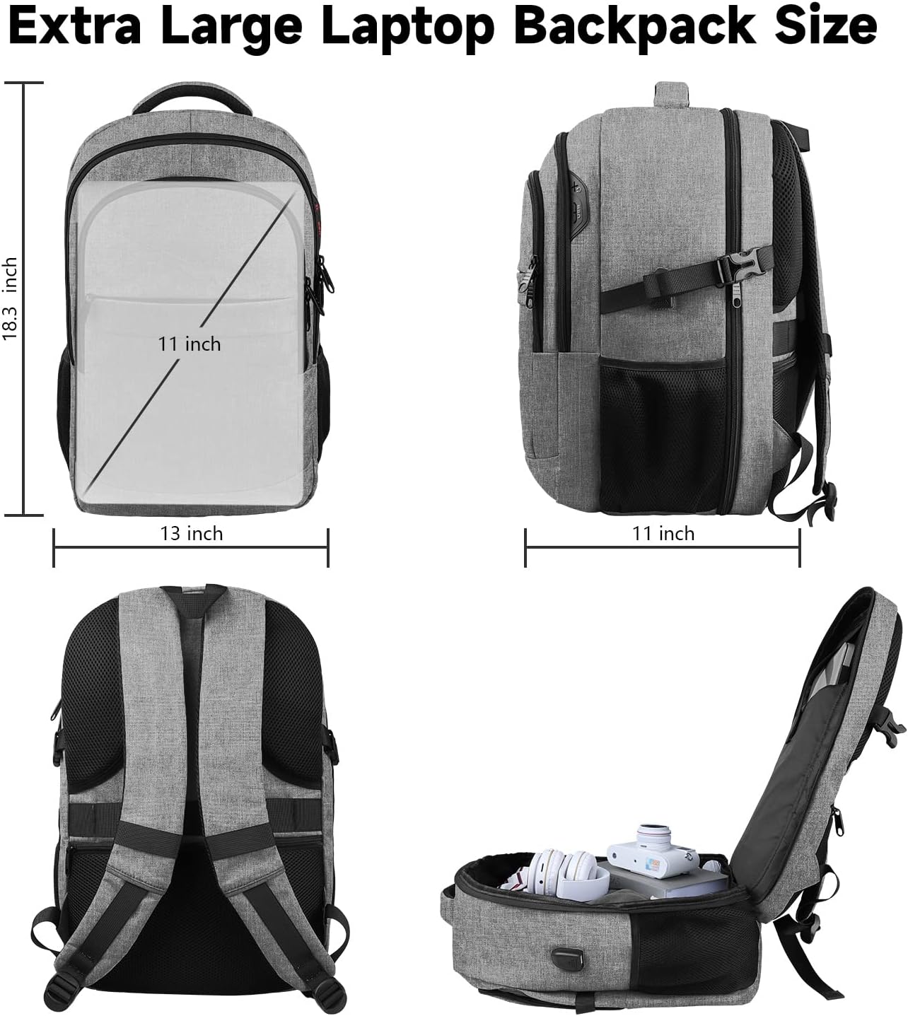 Lapsouno Extra Large Laptop Backpack, 17 Inch Carry on Travel Backpack, Anti-Theft College School Computer Bag with USB Port, Gift for Men Women, Grey