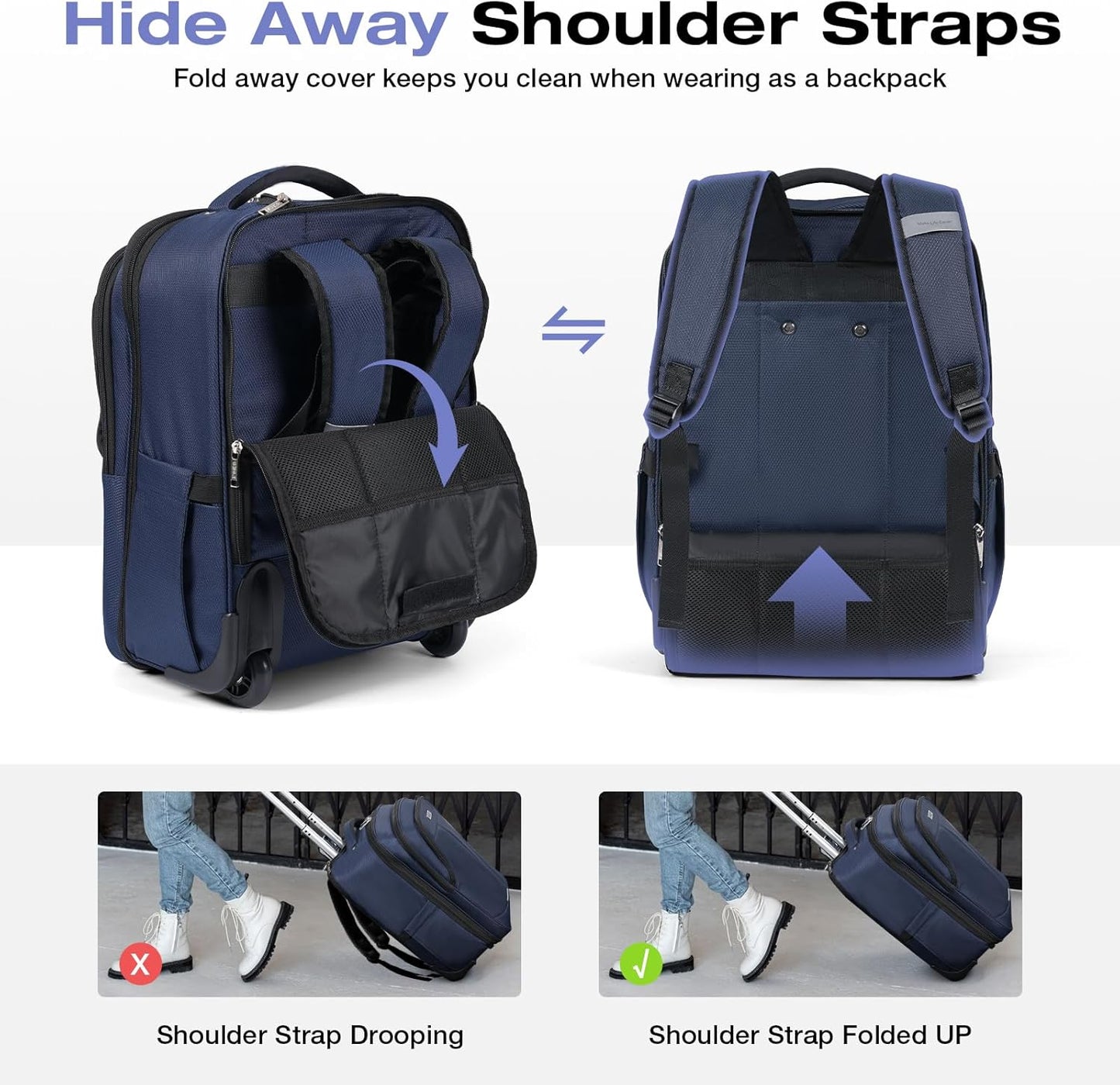 Rolling Backpack for Adults,17 Inch Waterproof Carry-on Backpack with Wheels, Wheeled Backpack Carry-on Luggage, Travel Backpack for Men Women， Trolley Laptop Backpack， Navy Blue Medium