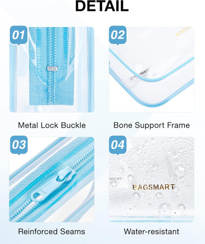 BAGSMART Clear Toiletry Bag, 3 Packs TSA Approved Water-resistant Quart Size Travel Organizer, Airport Airline Travel Essential Carry-On Makeup Cosmetic Bags for Women, Blue