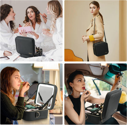 Mocado Travel Makeup Bag with LED Lighted Mirror,Travel Makeup Organizer,Makeup Case with 3 Color Lighted Setting and 10x Magnifying Mirror,Portable Storage and Adjustable Dividers Makeup Box(Black)